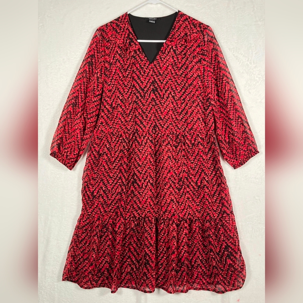 Heidi Klum Esmara Women's M Black Red 3/4 Sleeve Shift Dress Sheer Lined Ruffles